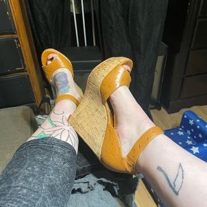 michael korea light brown strap wedge heels